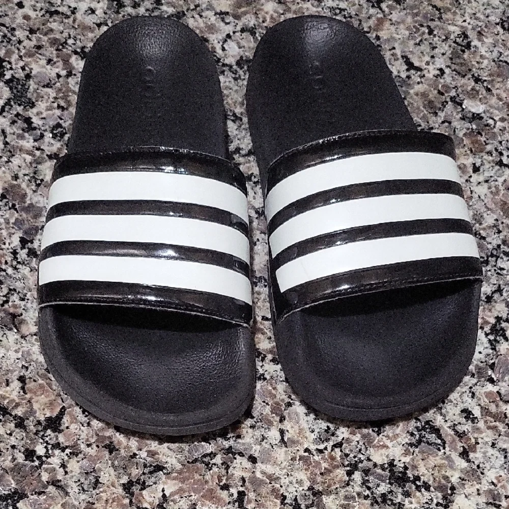 Adidas Black and White Striped Slides